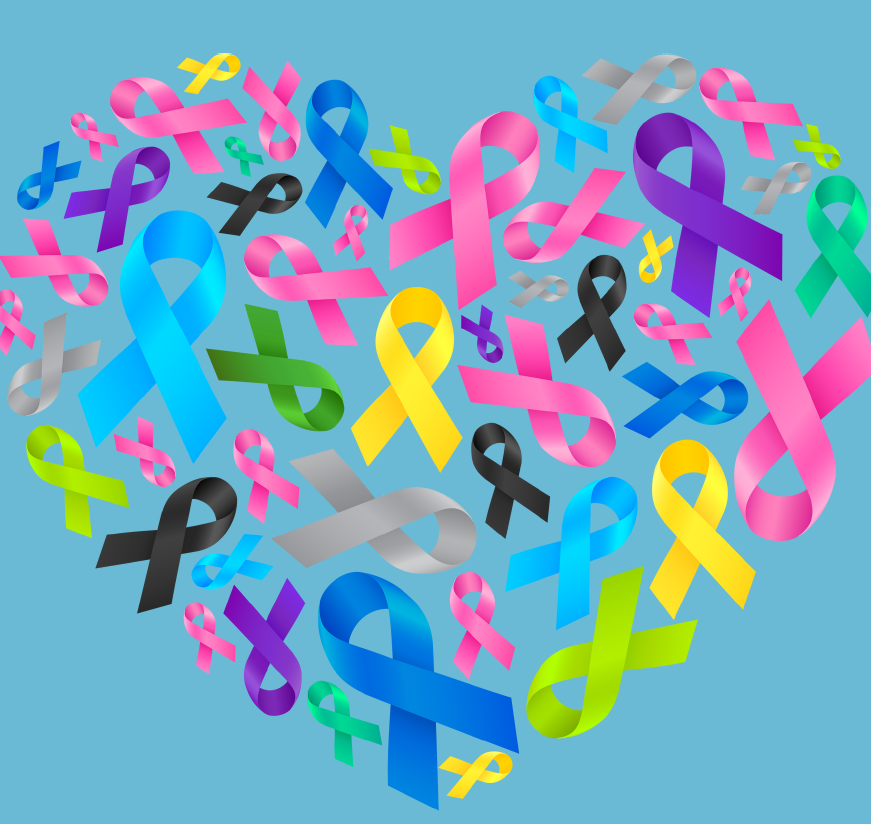 multi-colored cancer ribbons in a heart shape